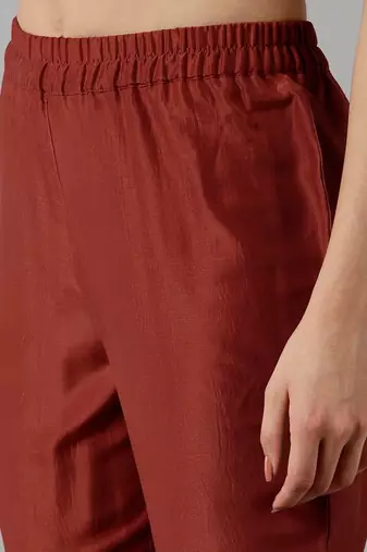 rust color embroidered polyester styles kurta trouser with dupatta