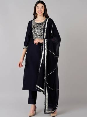 navy blue color embroidered polyester styles kurta trouser with dupatta 1