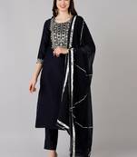 navy blue color embroidered polyester styles kurta trouser with dupatta