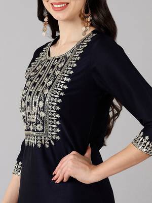 navy blue color embroidered polyester styles kurta trouser with dupatta 2