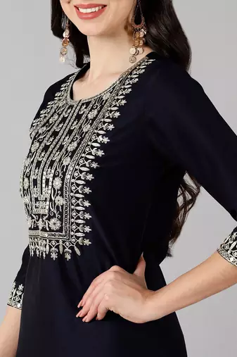 navy blue color embroidered polyester styles kurta trouser with dupatta