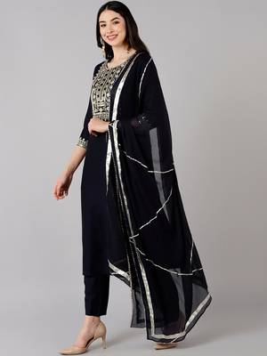 navy blue color embroidered polyester styles kurta trouser with dupatta 3