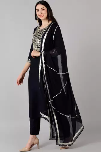 navy blue color embroidered polyester styles kurta trouser with dupatta