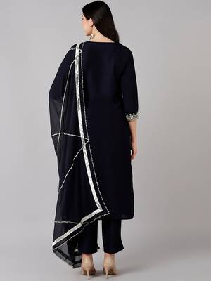 navy blue color embroidered polyester styles kurta trouser with dupatta 4