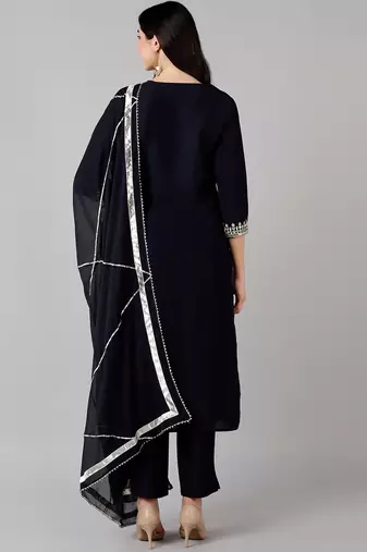 navy blue color embroidered polyester styles kurta trouser with dupatta