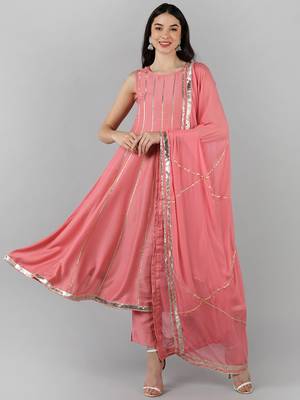 Pink Silk Striped Design Kurti with Dupatta Set 1