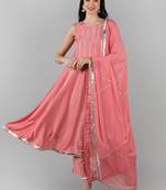 Pink Silk Striped Design Kurti with Dupatta Set