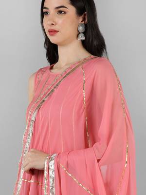 Pink Silk Striped Design Kurti with Dupatta Set 2