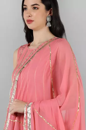 Pink Silk Striped Design Kurti with Dupatta Set
