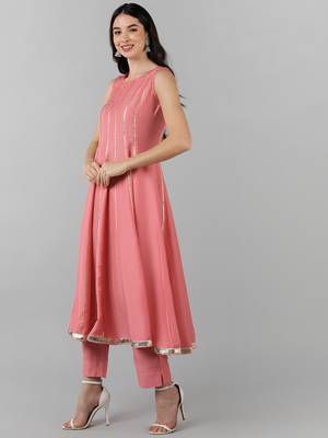 Pink Silk Striped Design Kurti with Dupatta Set 3