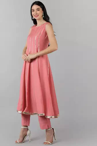 Pink Silk Striped Design Kurti with Dupatta Set