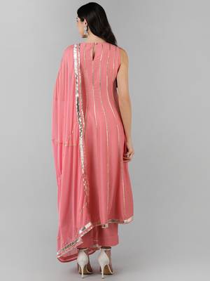 Pink Silk Striped Design Kurti with Dupatta Set 4