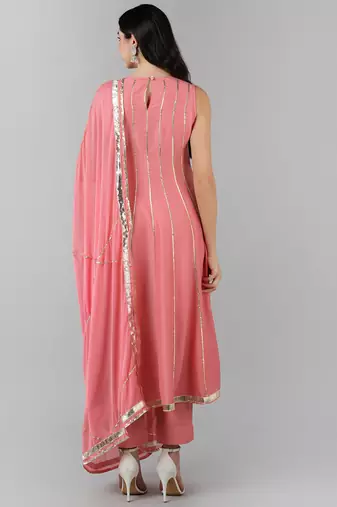 Pink Silk Striped Design Kurti with Dupatta Set