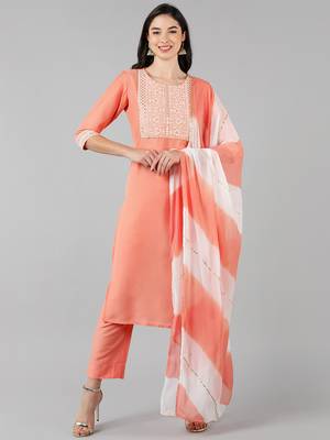 peach color embroidered poly silk styles kurta trouser with dupatta 1