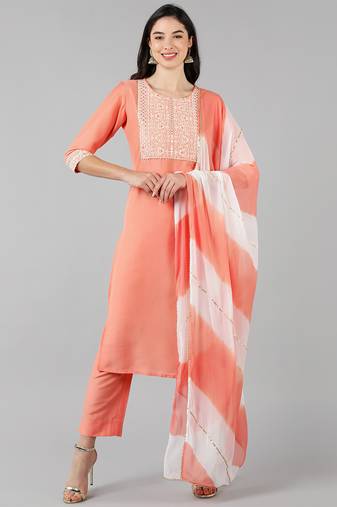 peach color embroidered poly silk styles kurta trouser with dupatta