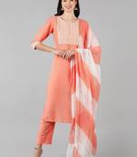 peach color embroidered poly silk styles kurta trouser with dupatta