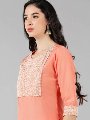 peach color embroidered poly silk styles kurta trouser with dupatta 2