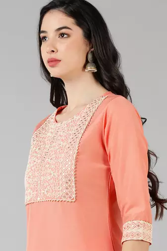 peach color embroidered poly silk styles kurta trouser with dupatta