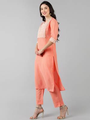 peach color embroidered poly silk styles kurta trouser with dupatta 3