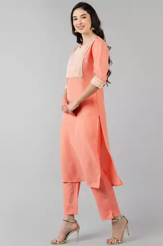 peach color embroidered poly silk styles kurta trouser with dupatta