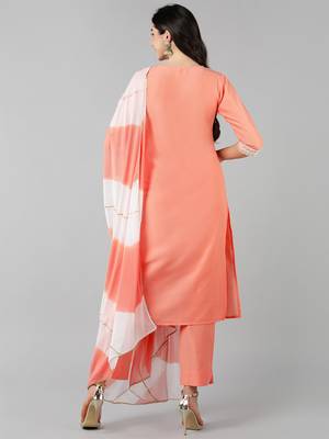 peach color embroidered poly silk styles kurta trouser with dupatta 4