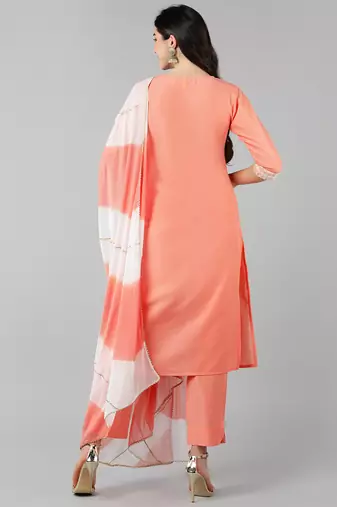 peach color embroidered poly silk styles kurta trouser with dupatta