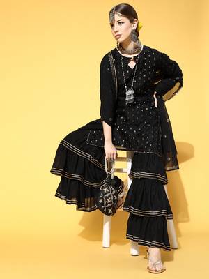 black color woven design poly chanderi styles kurta sharara with dupatta 1