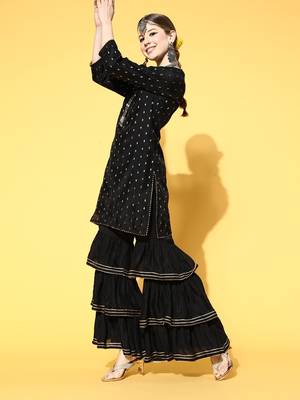 black color woven design poly chanderi styles kurta sharara with dupatta 3