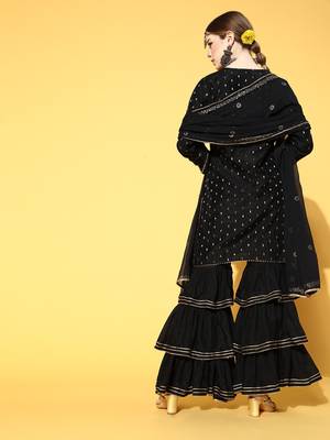 black color woven design poly chanderi styles kurta sharara with dupatta 4
