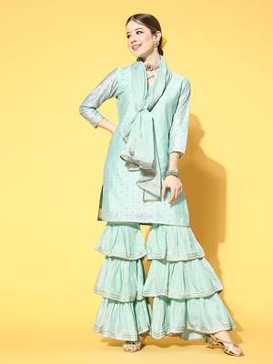 blue color woven design poly chanderi styles kurta sharara with dupatta 1