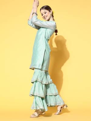 blue color woven design poly chanderi styles kurta sharara with dupatta 3