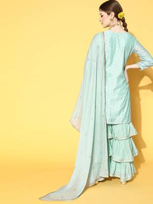 blue color woven design poly chanderi styles kurta sharara with dupatta 4