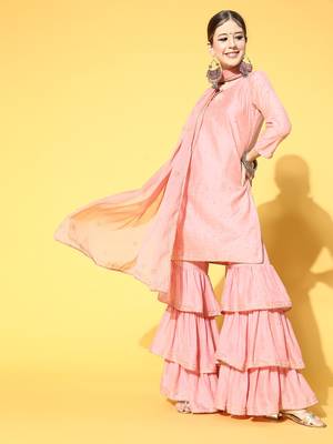 pink color woven design poly chanderi styles kurta sharara with dupatta 1