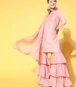 pink color woven design poly chanderi styles kurta sharara with dupatta