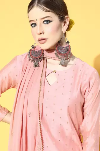 pink color woven design poly chanderi styles kurta sharara with dupatta