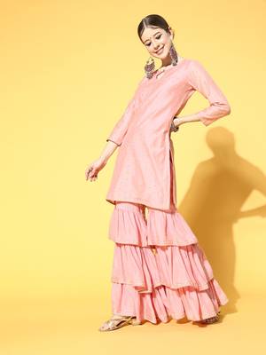 pink color woven design poly chanderi styles kurta sharara with dupatta 3