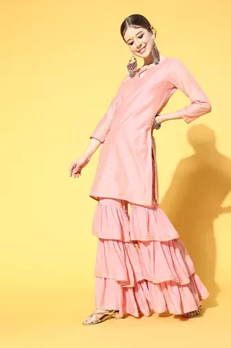pink color woven design poly chanderi styles kurta sharara with dupatta