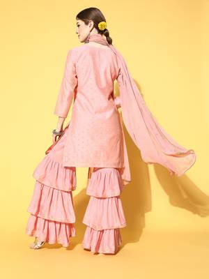pink color woven design poly chanderi styles kurta sharara with dupatta 4