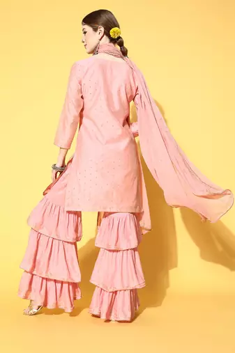 pink color woven design poly chanderi styles kurta sharara with dupatta