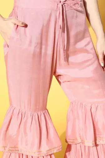 pink color woven design poly chanderi styles kurta sharara with dupatta