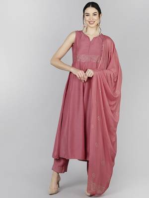 peach color solid poly silk styles kurta trouser with dupatta 1