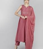peach color solid poly silk styles kurta trouser with dupatta
