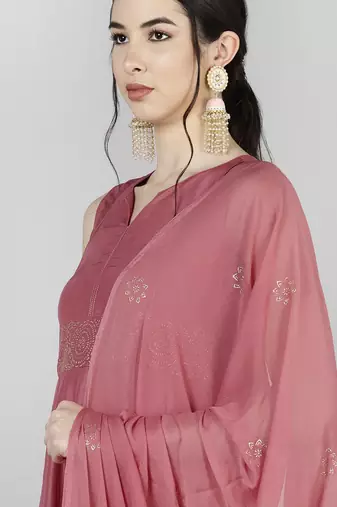 peach color solid poly silk styles kurta trouser with dupatta