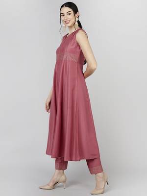 peach color solid poly silk styles kurta trouser with dupatta 3