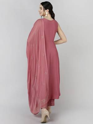 peach color solid poly silk styles kurta trouser with dupatta 4
