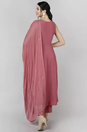 peach color solid poly silk styles kurta trouser with dupatta