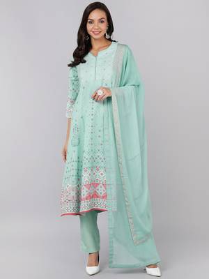 sea green color printed poly crepe styles kurta trouser with dupatta 1