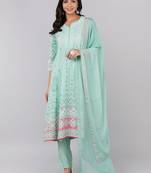sea green color printed poly crepe styles kurta trouser with dupatta