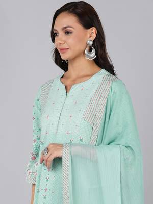 sea green color printed poly crepe styles kurta trouser with dupatta 2