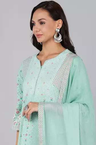 sea green color printed poly crepe styles kurta trouser with dupatta